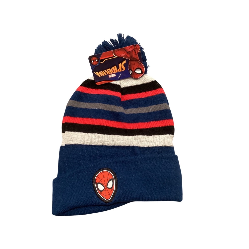 Marvel Spider-Man Kids Beanie Hat Navy Blue Red Striped Pom Pom Knit Cap NWT
